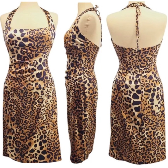 🐆 Caché, Vintage Wild Side Animal Print Satin Halter Dress - Picture 11 of 16